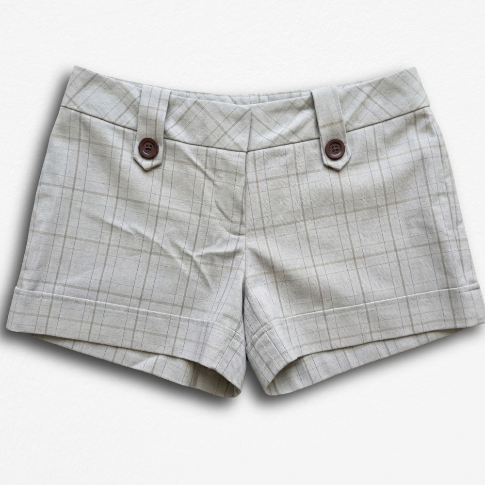 Niche USA Plaid Cuffed Shorts Gray Tan Windowpane Button Detail Womens Large
